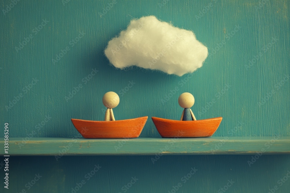 Poster two small boats with wooden figures floating on a shelf under a fluffy cloud against a teal backgrou