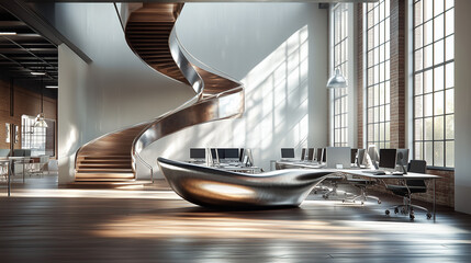 A modern open-plan office, possibly an architectural rendering, showcases a sweeping staircase and a futuristic desk under large windows.