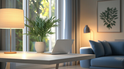 Room features a laptop, houseplants, lamps, and a couch, showcasing a modern and inviting space.