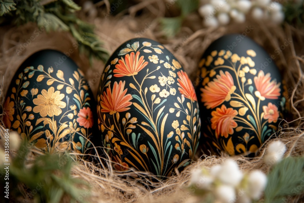 Poster decorative handcrafted easter eggs with intricate floral designs displayed in a natural setting