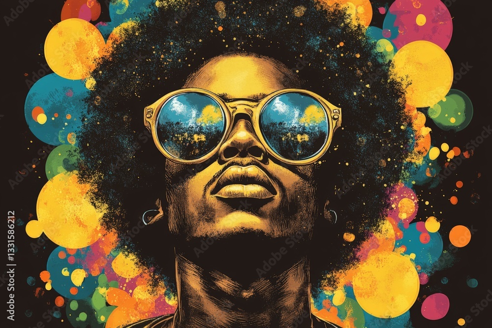 Poster vibrant portrait of a man with sunglasses reflecting colorful bubbles in an abstract art backdrop