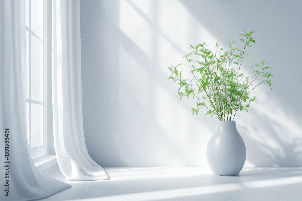 Aufkleber Fresh greenery in a white vase by the window creating a serene indoor atmosphere during daylight hours