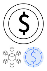 Fototapeta premium Dollar sign in a coin frame, blockchain cube network, and digital crypto coin. Ideal for fintech, cryptocurrency, blockchain, decentralization, digital economy, financial growth virtual