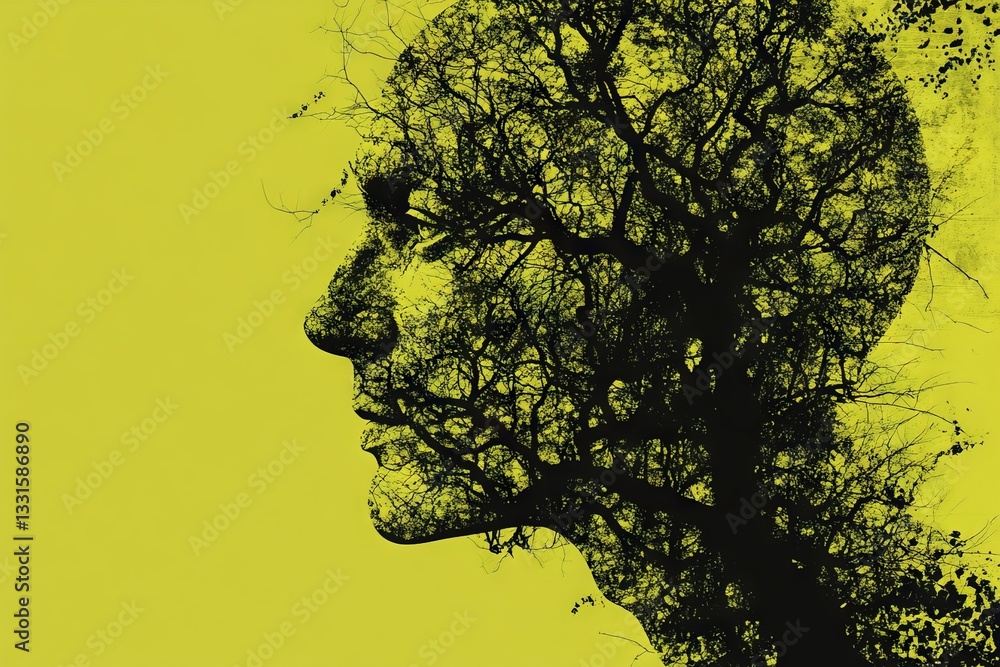 Poster profile silhouette with tree branches blending into vivid green background