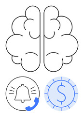 Line art brain, ringing alert, and dollar symbol. Ideal for productivity, focus, financial planning, time management, mindfulness budgeting learning. Flat simple metaphor