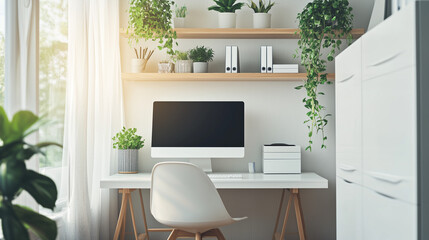 A minimalist home office features a white desk and chair, decorated with several potted plants, and a computer.