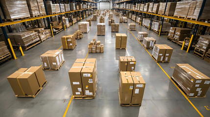Warehouse filled with stacked boxes on pallets in an organized layout.