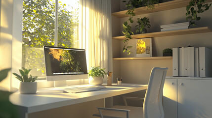 A sun-drenched home office scene with plants. The computer is the focal point in front of a window with sheer curtains.