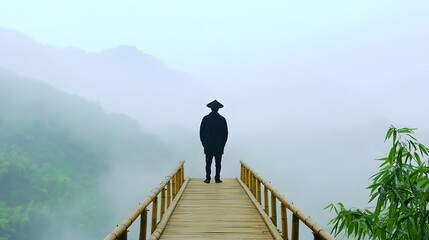 A Zen master standing on a foggy bamboo bridge, his silhouette blending with the misty landscape
