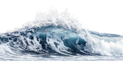 Giant blue ocean wave breaking with foam and transparent background