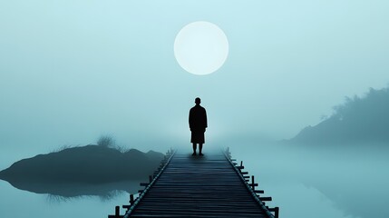A Zen master standing on a foggy bamboo bridge, his silhouette blending with the misty landscape