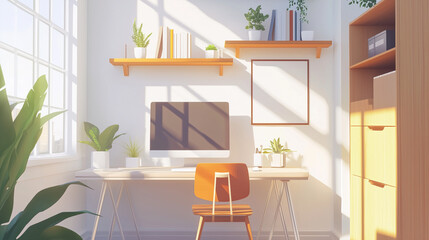 A bright, stylized home office. Sunlight streams through a window onto a desk with a computer, chair, and plants
