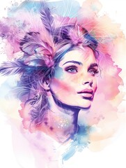 Fototapeta premium Elegant watercolor portrait of a woman with flowers in her hair, soft shades of blue, purple, and pink, poetic and artistic on a white background