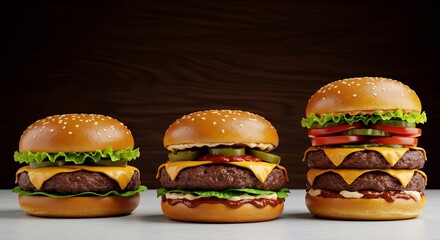 Juicy burgers deliciously arranged increasing size warm light. AI Generated