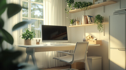 Here's a bright, modern office space. A desk is adorned with plants and a computer, while a large window fills the room with sunlight.