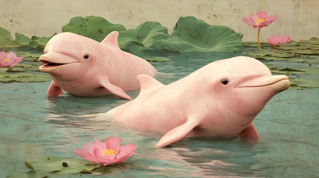 Pink dolphins swim in a lotus pond