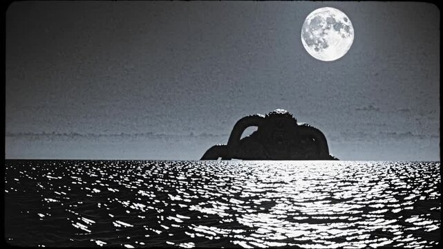 Massive mythical kraken rising from dark oceanic depths, casting haunting silhouette against moonlit waters and generating overwhelming sense of primordial terror and mysterious marine dread