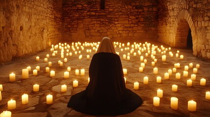 A Catholic nun in silent prayer inside an ancient stone chapel, surrounded by flickering candles