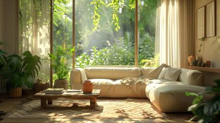 A sunlit living room features a neutral sectional sofa, surrounded by greenery visible through large windows. The warm, inviting space highlights natural light and earthy tones.

