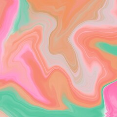 Abstract artwork featuring swirling patterns of pastel colors, including pink, orange, and green. The design incorporates fluid, wavy lines that blend seamlessly, creating a marbled effect