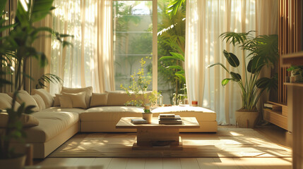 airy, serene, natural, neutral, pillows, plants, relaxing, room, sectional, sofa, minimalist, spacious, style, sun, sunlit, table, tones, windows, wood, modern, living, apartment, decor, beige, bright