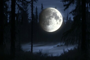 Full Moon Forest Night Fog.