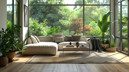 A bright, airy living room scene with a large window overlooking lush greenery