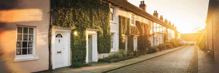 Fototapeta premium Charming village street with ivy-clad cottages illuminated by warm sunset light