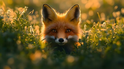 Fototapeta premium Wild Fox Peeking Through Tall Grass in Sun-Drenched Meadow, Showcasing Curious Nature – Generative AI