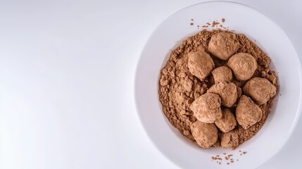Delicious Chocolate Truffles on White Plate with Cacao Powder