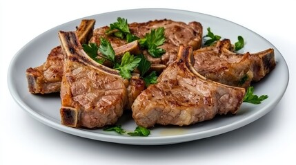 Grilled Lamb Chops Garnished with Fresh Parsley on White Plate