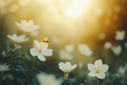 Delicate white flowers bask in warm sunlight, attracting pollina