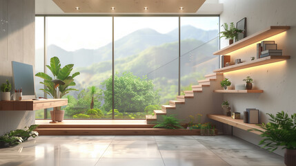 Modern living room with large window overlooking mountains. Shelves with built-in lighting create a cozy atmosphere in this interior design.
