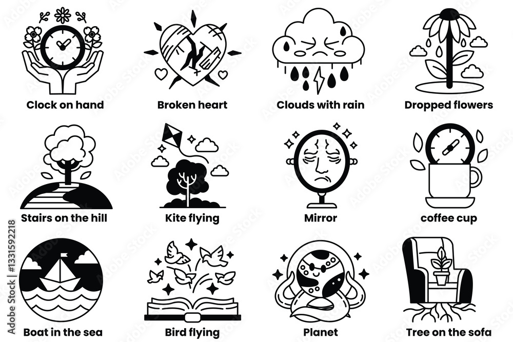 Poster set of illustrations in the concept of emotion and imagination in a line style