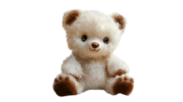 Cute and fluffy teddy bear sitting on a plain background with an adorable expression