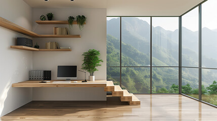 A sunlit architectural office, complete with a computer, plants, and mountain view from a large window, is ready for file upload. 