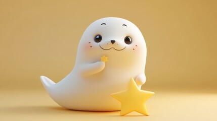 A happy white seal holds a golden star with a smiling face