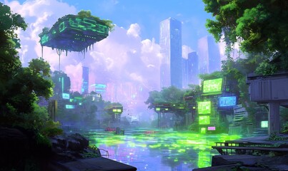 Obraz premium Futuristic city canal, overgrown nature, flying vehicle, vibrant cityscape, sci-fi illustration