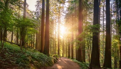 Obraz premium majestic sunlight through tall forest trees nature sky day path calm