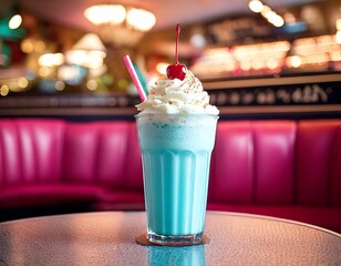 Bubblegum pastel blue milkshake in a glass topped with whipped cream and a red cherry and a straw, in a vintage 1950s style diner with pink booth seats in the background