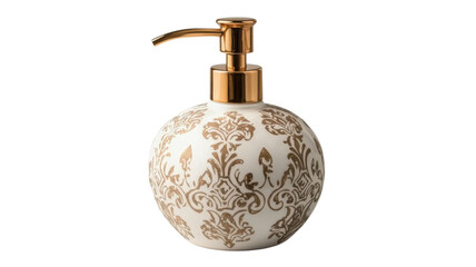 Obraz premium Decorative soap dispenser with elegant gold pattern on white ceramic used in a modern bathroom setting