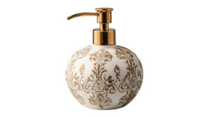 Decorative soap dispenser with elegant gold pattern on white ceramic used in a modern bathroom setting