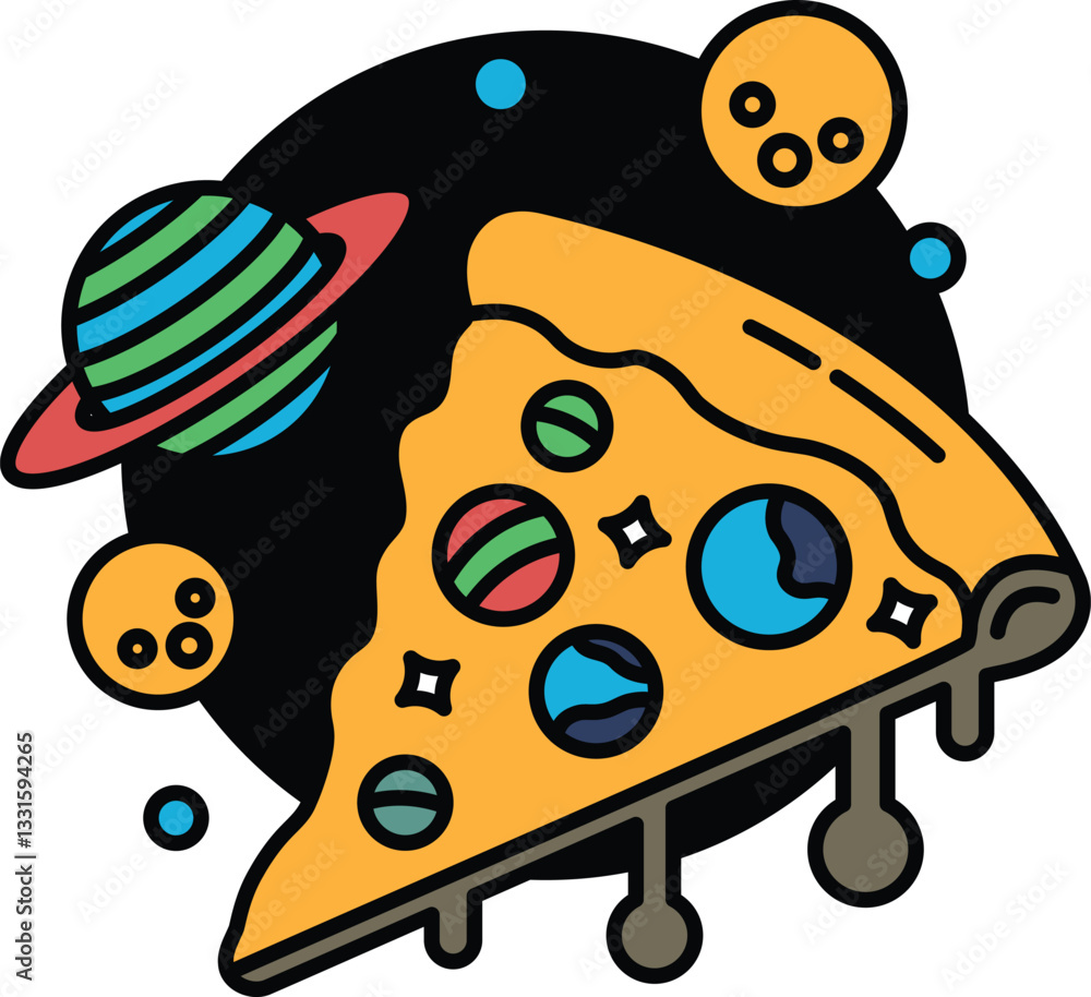 Poster a slice of pizza with a planet and a bunch of other planets surrounding it