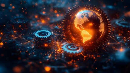 Obraz premium Abstract Representation of Global Supply Chain Disruptions with Interconnected Gears and Globe – Generative AI
