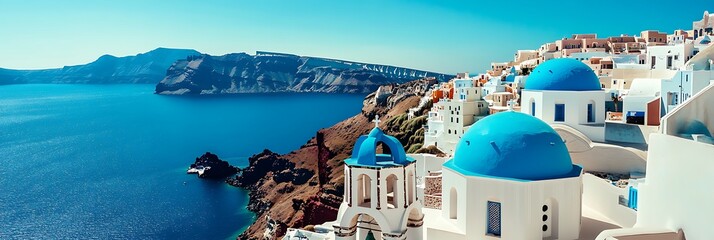 Naklejka premium Scenic coastal village of Santorini, Greece with iconic blue domes overlooking the sea under a sunny sky