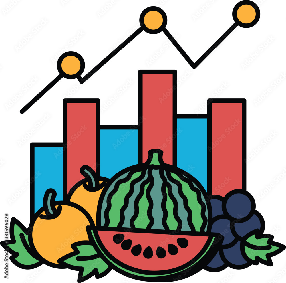 Poster a colorful drawing of fruits and vegetables with a graph in the background