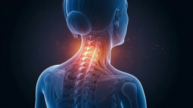 Medical illustration of a woman suffering from neck pain and muscle tension. 3D CG image showing the muscular structure of the human body highlighting inflammation and injury.