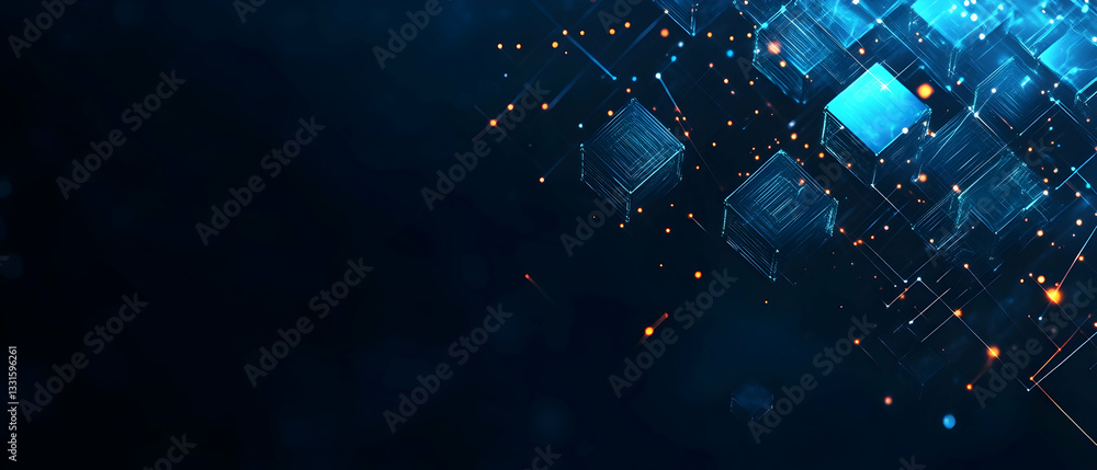 Poster digital blue blockchain background with a symbol of a linked chain and cubes
