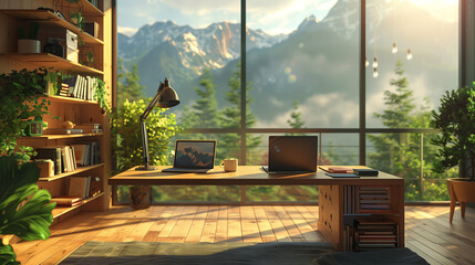 A bright, modern office space features floor-to-ceiling windows offering a scenic view of mountains and lush greenery. Two laptops sit on a wooden desk surrounded by plants and bookshelves.