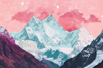 Obraz premium Artistic mountain view with clouds, stars, and snow. For travel, tourism, or posters